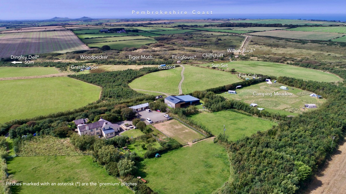 Aerial view of Ty Parke Farm Camping near St Davids, Pembrokeshire