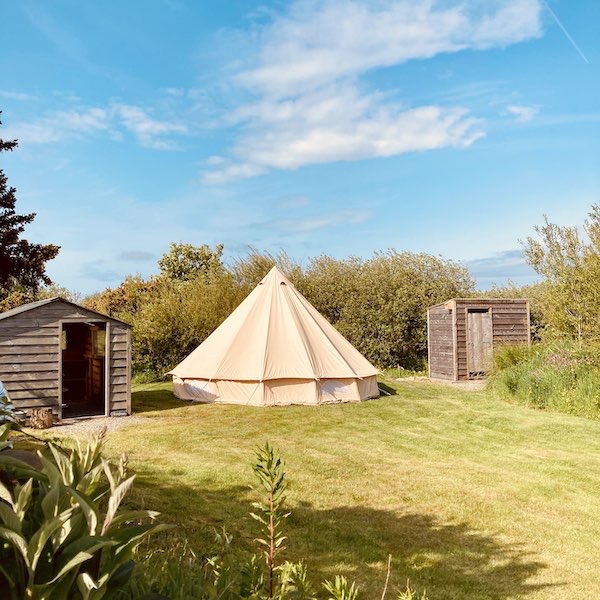 Bell tent pitched on Foxgloves premiom pitch and Ty Parke Farm Camping, Pembrokeshire.